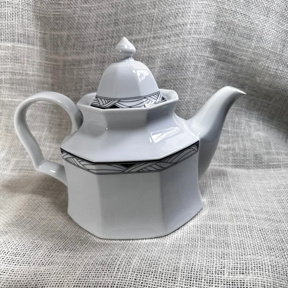 Studio Nova Synthesis Y0031 Teapot White Octagonal Art Deco Black Trim Porcelain